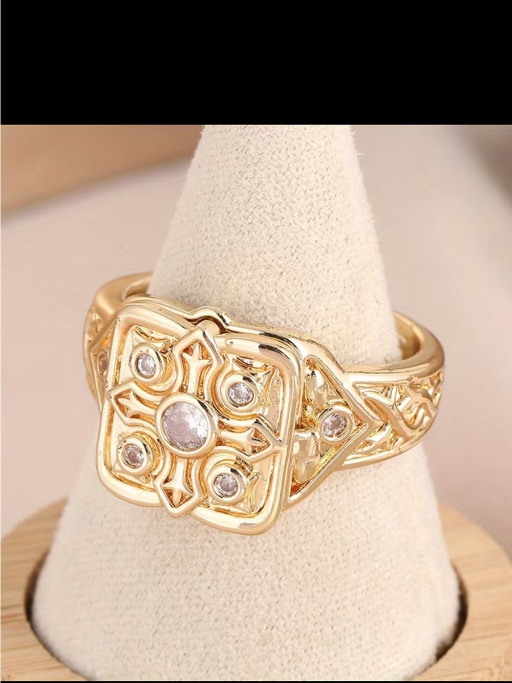Affordable Fashion Finds Gold Filigree Square Ring with Clear Stones